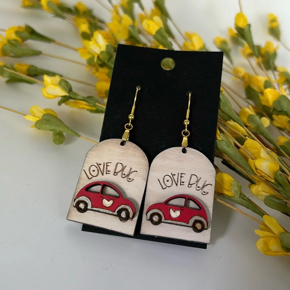 Lovebug Volkswagen Buggie Wood Laser Cut Earrings